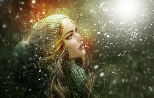 Девушка, снежинки, лицо, пузыри, портрет