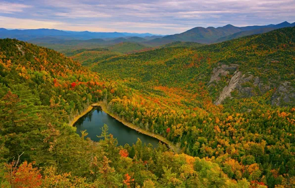 Осень, лес, горы, озеро, панорама, Штат Нью-Йорк, Adirondack Mountains, New York State