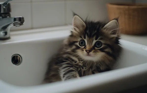 Кошка, взгляд, поза, котенок, серый, плитка, кран, раковина
