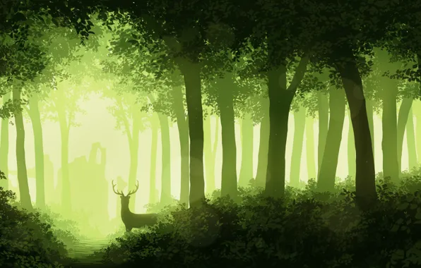 Картинка лес, деревья, листва, олень, рога, монохром, Juh-Juh