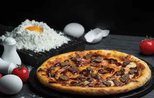 Яйцо, мясо, барбекю, томаты, pizza, мука, тесто, Пицца
