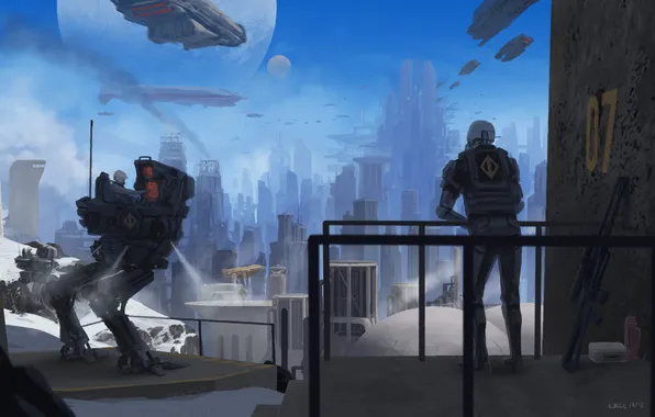 Картинка город, оружие, люди, дым, планета, робот, корабли, арт