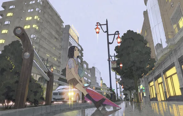 Картинка девушка, машины, город, огни, люди, дождь, дома, зонт