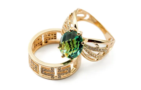 Кольцо, бриллианты, белый фон, перстень, ювелирные изделия, золотые украшения, блеск золота, берилл