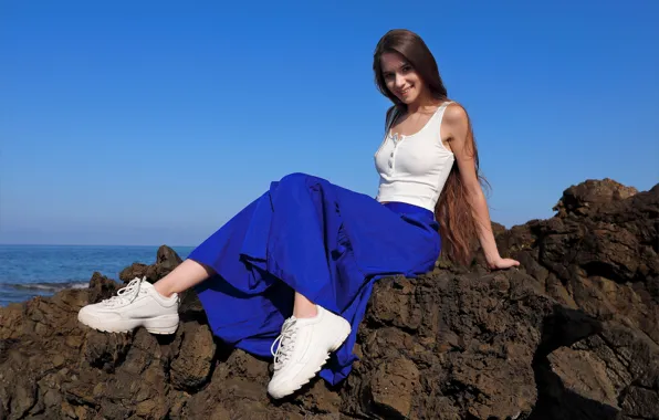 Hot girl, ocean, blue sky, outside, exotic, posing, white top, beautiful face