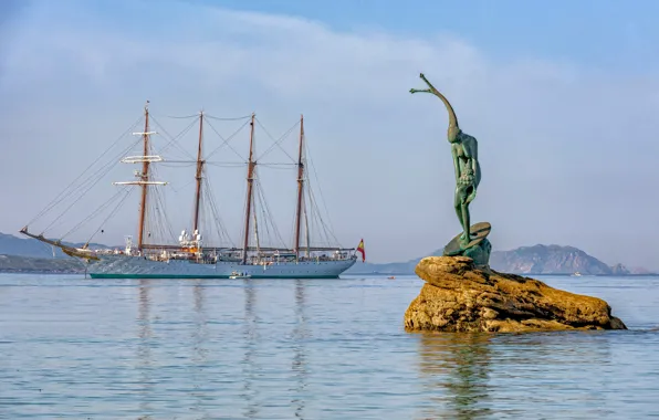 Море, скала, корабль, парусник, скульптура, Испания, Spain, Sanxenxo