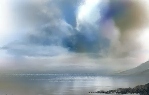 Картинка небо, облака, туман, озеро, арт