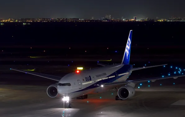 Картинка ночь, огни, Boeing, самолёт, аэродром, пассажирский, 777-200