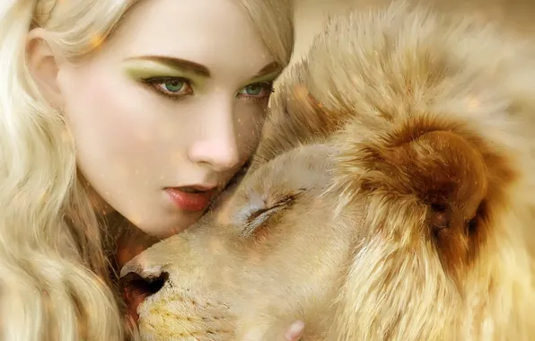 Картинка кошка, девушка, хищник, лев, объятия, грива
