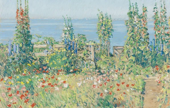 Пейзаж, цветы, природа, картина, сад, Frederick Childe Hassam, Чайльд Гассам, Мальвы. Острова Шолс