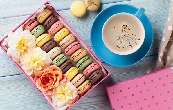 Цветы, подарок, colorful, wood, pink, flowers, coffee cup, macarons