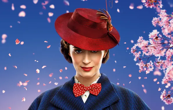 Фон, шляпа, лепестки, фэнтези, постер, цветки, Эмили Блант, Emily Blunt