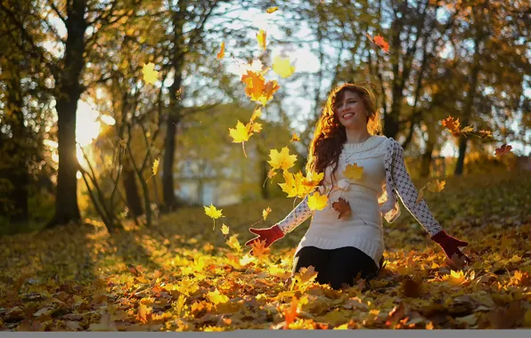 Картинка осень, листья, девушка, смех, Miss Froggi