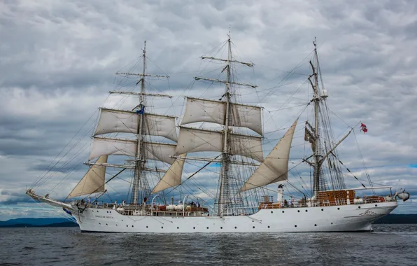 Море, тучи, пасмурно, побережье, корабль, парусник, Норвегия, паруса