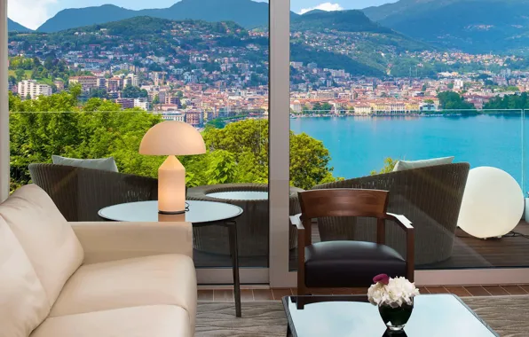 Интерьер, Switzerland, терраса, гостиная, Lugano, sofa with view, View Lugano in Paradiso, прекрасный вид на …