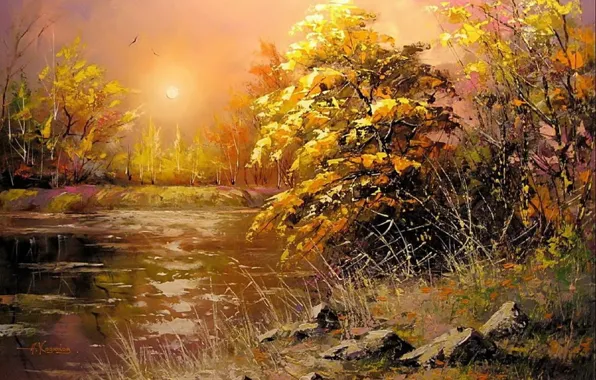 Картинка осень, солнце, пейзаж, закат, река, камни, картина, вечер