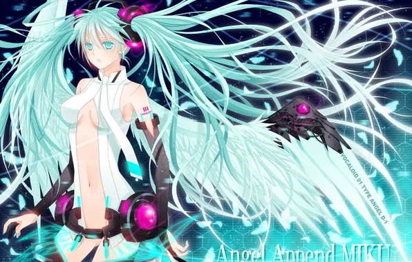 Девушка, крылья, ангел, vocaloid, hatsune miku, вокалоид, miku append, хатсуне мику