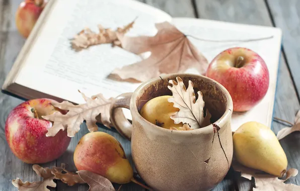 Листья, яблоки, блокнот, груша
