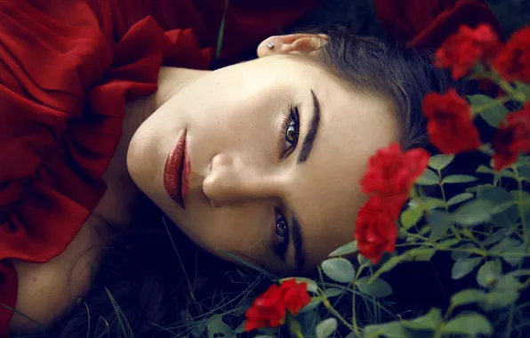 Картинка взгляд, цветы, крупный план, лицо, розы, макияж, платье, брюнетка