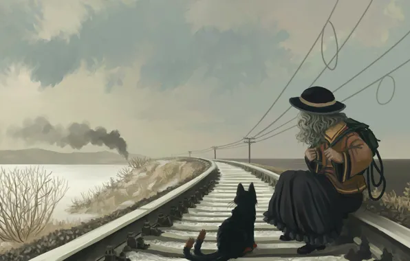 Картинка кот, девушка, столбы, рельсы, железная дорога