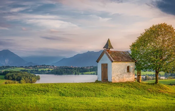 Картинка пейзаж, горы, природа, озеро, дерево, Германия, Бавария, часовня