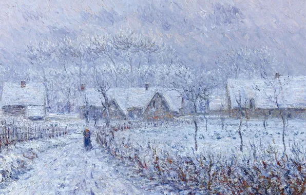 Зима, дорога, пейзаж, дом, картина, Гюстав Луазо, Gustave Loiseau, Ветер и Снег в Ле-Водрёй