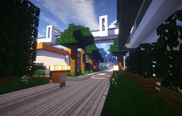 Небо, Город, Трава, Деревья, Minecraft