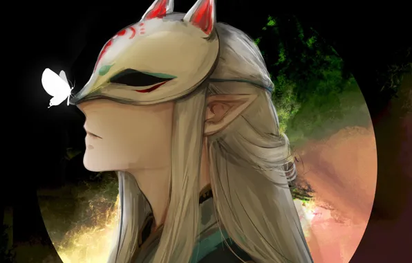 Бабочка, эльф, маска, парень, Onmyouji, Onmyoji, Onmyouji (NetEase), Youko