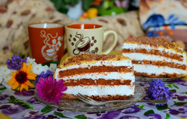 Картинка Цветочки, Чашки, Вилка, Flowers, Торт, Cake