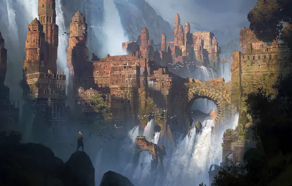 Горы, водопад, мужик, крепость, WATERFALLS