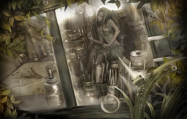 Девушка, комната, дождь, растение, лягушка, окно, арт, художник