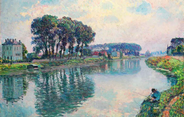 Картинка пейзаж, река, картина, рыбак, Henri Lebasque, Fisher at the Bank of the Marne at Lagny