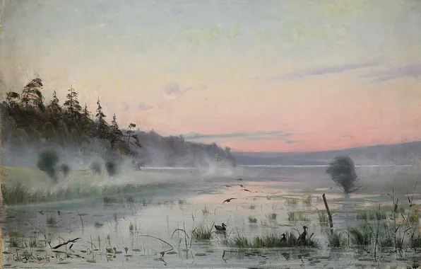 Картинка пейзаж, масло, картина, CARL JOHANSSON, Карл Юханссон, Утренняя дымка над озером