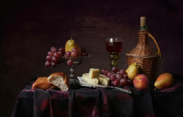 Картинка стиль, фон, вино, бокал, сыр, хлеб, виноград, фрукты
