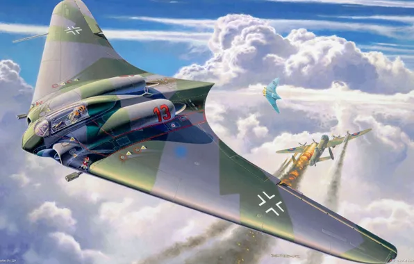 Картинка небо, авиация, самолет, летчик, немецкий самолет, экспериментальный центроплан ЛТ, воздушная битва, Gotha Go.229А-0