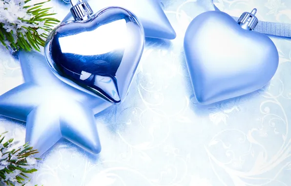 Сердце, игрушки, звезда, Новый Год, голубые, Рождество, декорации, елочные