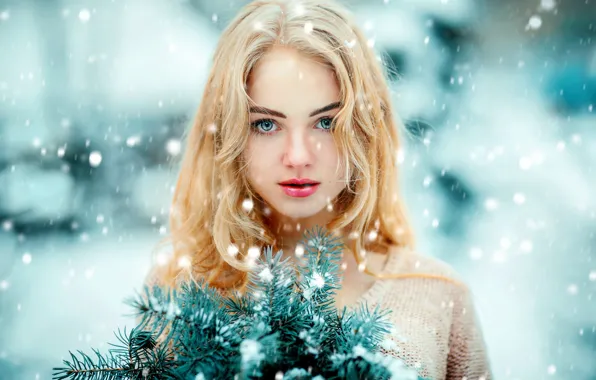 Взгляд, снег, лицо, настроение, блондинка, еловые ветки, Ольга Бойко