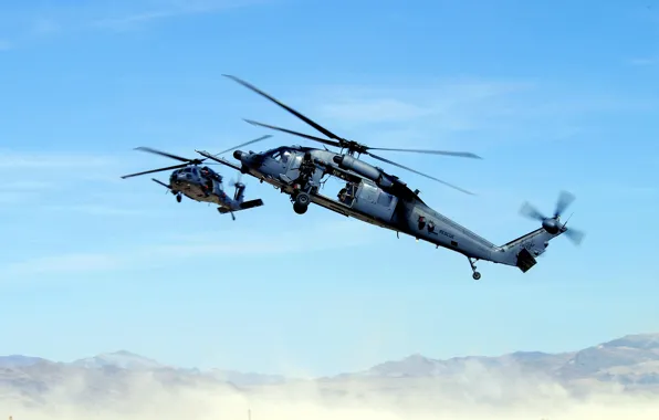 Картинка горы, пустыня, вертолет, пулемет, спасатели, лопасти, МН-60К, черный ястреб