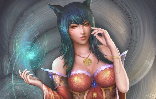 Грудь, девушка, арт, лиса, уши, лисица, ahri, Nine-Tailed Fox