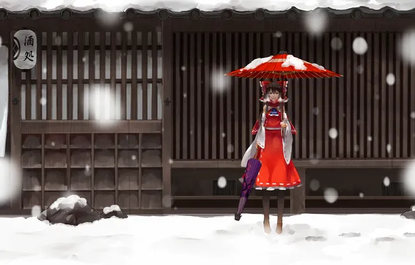 Зима, взгляд, девушка, снег, зонты, touhou, art, hakurei reimu