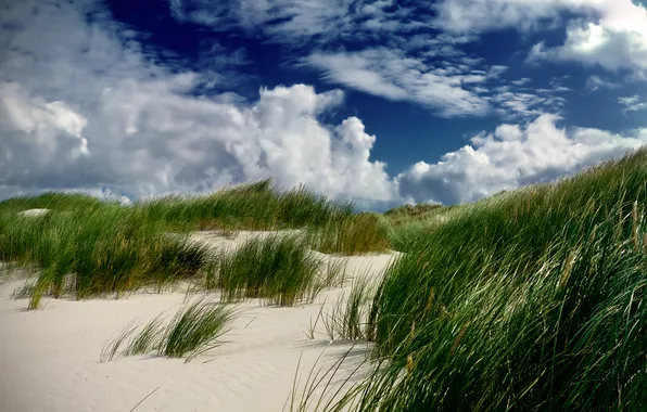 Картинка песок, трава, облака, дюна