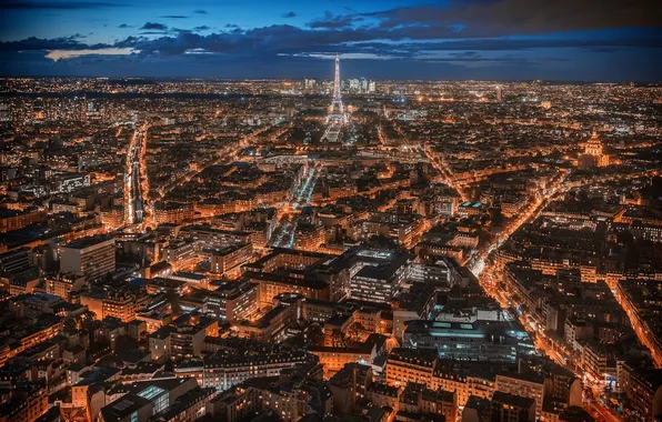 Облака, ночь, огни, башня, париж, дома, панорама, Paris