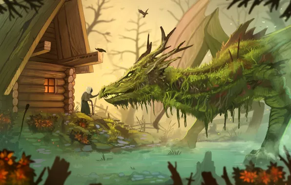 Картинка дом, дракон, болото, фэнтези, старушка, by Yakovlev-vad