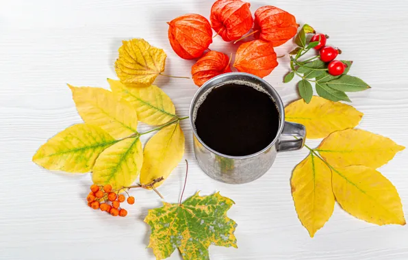 Осень, листья, кофе, шиповник, кружка