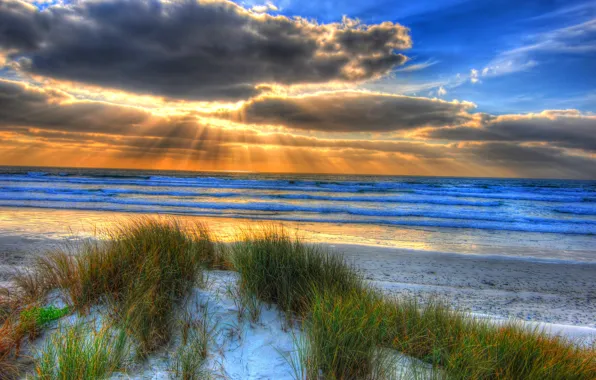 Картинка песок, море, пляж, небо, солнце, пейзаж, закат, природа