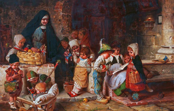 Картинка Дети, Картина, Женщина, Hermann von Kaulbach, Герман фон Каульбах, Немецкий художник, В приюте, Hermann Kaulbach