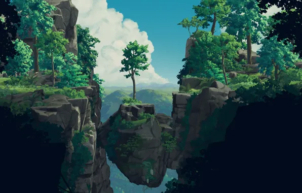 Картинка trees, nature, clouds, rocks, artwork, video games, video game art, Planet of Lana