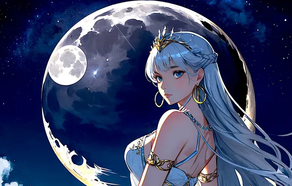 Girl, moon, fantasy, star, night, blue eyes, crown, digital art