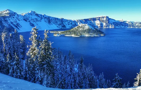 Картинка зима, снег, деревья, горы, озеро, США, солнечно, островок