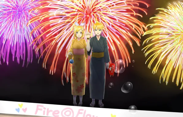 Девушка, праздник, салют, парень, двое, Vocaloid, Вокалоид, фестиваль